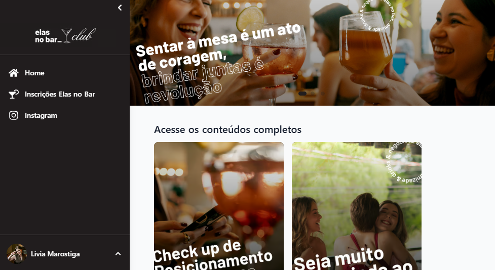 Tela inicial da área de membros do Elas no Bar
